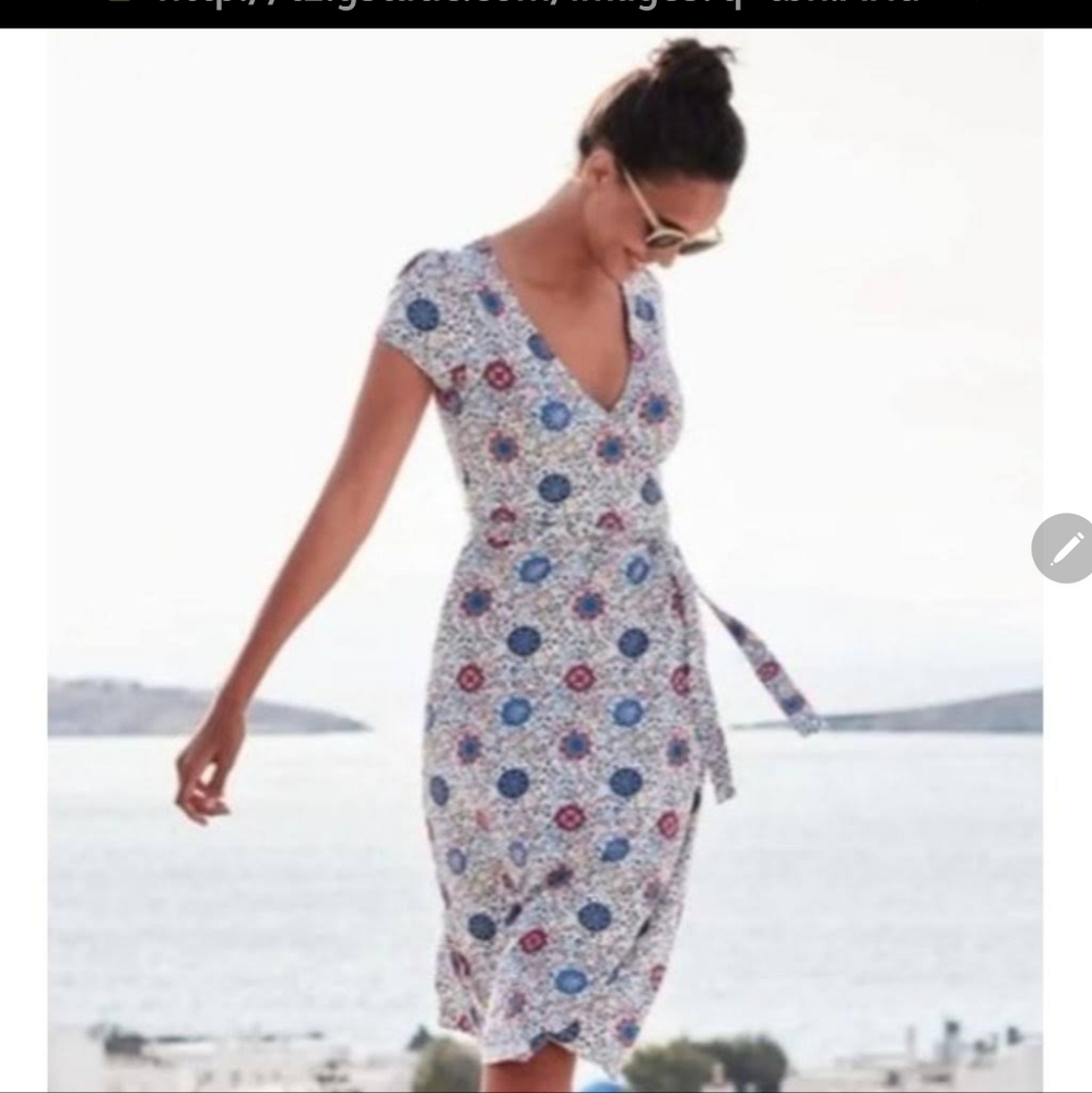 Boden Summer Wrap Dress Floral Knee Length Waist Tie Jersey Knit Size 8R